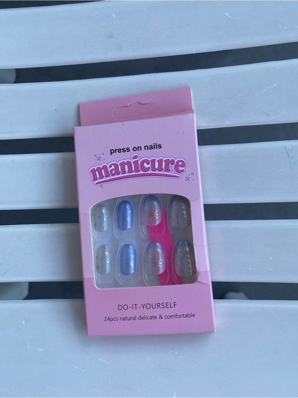 Press-On Nails Set - Pink Packaging, Blue & Gold Nails